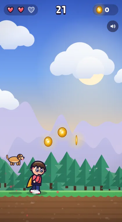 Sam running through a forest level with his dog behind him